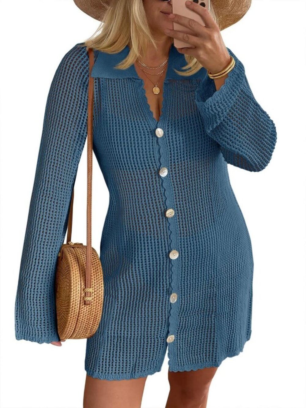 Chic Crochet Swimsuit Cover-Up | Button Down Long Sleeve Cardigan Mini Dress